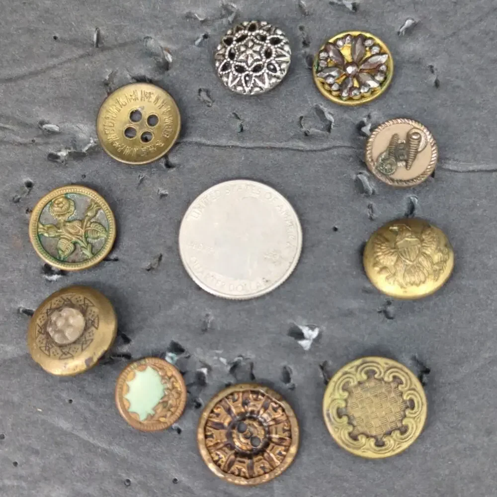 LOT W of 10 Antique Vintage Victorian Brass Mixed Materials Buttons ESTATE FIND